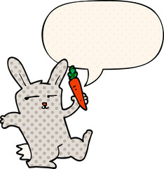 cartoon rabbit with carrot with speech bubble in comic book style