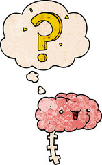 cartoon curious brain with thought bubble in grunge texture style