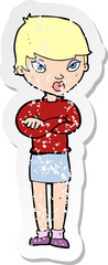 retro distressed sticker of a cartoon annoyed woman