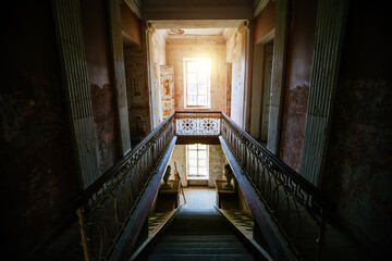 Old majestic abandoned historical mansion Znamenskoye-Rayok, inside view