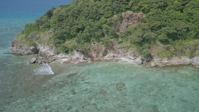 Aerial view of a paradisiacal beach with clear water and a rocky cliff with a rainforest.
