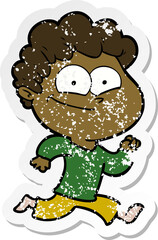 distressed sticker of a cartoon happy man