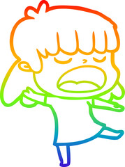 Obraz premium rainbow gradient line drawing of a cartoon woman talking loudly