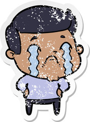 distressed sticker of a cartoon man crying