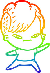 Fototapeta premium rainbow gradient line drawing of a cute cartoon girl with hipster haircut