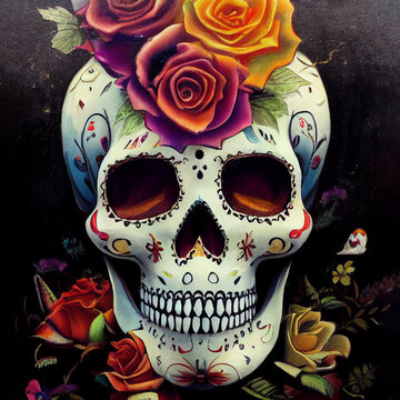 Illustration of skull with flowers
