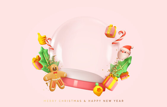 Merry Christmas and Happy New Year. Christmas winter transparent snow glass ball. Realistic 3d design Xmas candy cane, decoration bauble blue balls, empty space over snow. Vector illustration