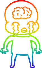 rainbow gradient line drawing of a cartoon big brain alien crying