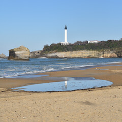 Biarritz, France - 15 Jan, 2023: Winter views of the Phare de Biarritz (Biarritz Lighthouse) and the Grand Plage