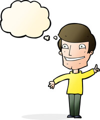 cartoon grinning man with idea with thought bubble