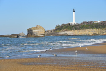 Biarritz, France - 15 Jan, 2023: Winter views of the Phare de Biarritz (Biarritz Lighthouse) and the Grand Plage