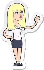sticker of a cartoon pretty woman waving