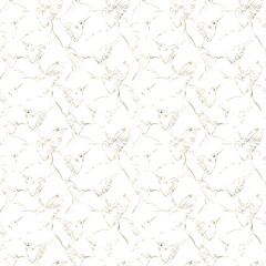 Abstract blue and gold alcohol ink hummingbird line art seamless pattern. Digital seamless wallpaper, fabric print, textile design. Can be used for scrapbook paper, wrapping paper, packaging.