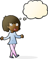 cartoon woman with open arms with thought bubble