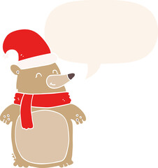 cartoon christmas bear with speech bubble in retro style