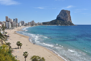 Panoramic view of Calpe Beach and the Penon de Ifach rock formation. Calpe, Alicante, Spain