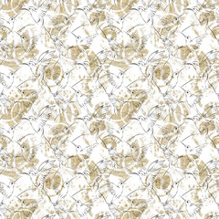 Abstract blue and gold alcohol ink hummingbird line art seamless pattern. Digital seamless wallpaper, fabric print, textile design. Can be used for scrapbook paper, wrapping paper, packaging.