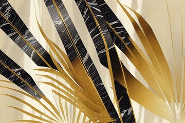 Luxury gold and black wallpaper background. Tropical leaves wall art design in shiny golden light texture, mixed digital illustration and matte painting