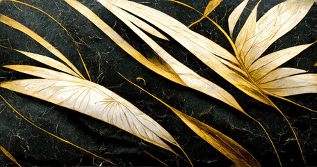 Luxury gold wallpaper. Black and golden background. Tropical leaves wall art design, mixed digital illustration and matte painting