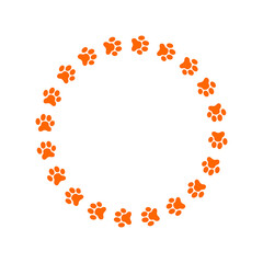 Round frame with dog or cat paw prints. Cute template for pet photo, greeting or invitation card, picture, banner isolated on white background. Vector flat illustration