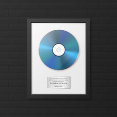 Realistic Vector 3d Blue CD, Label with Black CD Cover Frame on Black Brick Wall. Single Album Compact Disc Award, Limited Edition. CD Design Template