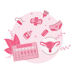 Female menstrual cycle flat icon set. Girl periods calendar, pads, uterus and tampons vector illustration collection. Flat vector illustration.