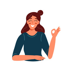 A lusty young woman shows an ok hand gesture. Flat vector illustration isolated on a white background.