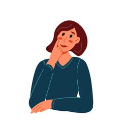 The young woman was thinking about something. A flat vector illustration of a character isolated on a white background.