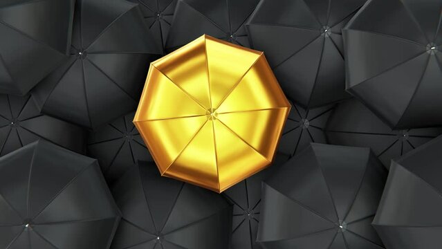 Realistic looping 3D animation of the spinning golden metallic umbrella or parasol surrounded by black umbrellas rendered in UHD as motion background