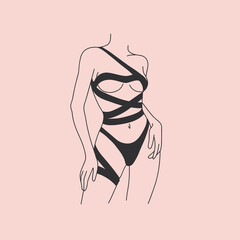Girl naked body outline. Erotic body. Nude sexy girl. Minimalist line art female figure on pink - obrazy, fototapety, plakaty