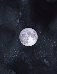 Watercolor  full moon on black starry background.