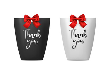 Thank You. Vector 3d Realistic Black and White Paper Gift Bag, Box for Birthday or Party with Gift Bow, Ribbon. Carry Bag for Present Icon Set Isolated on White Background