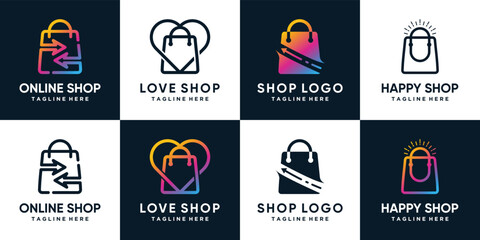 Online shop logo design collection with bag icon and creative element Premium Vector