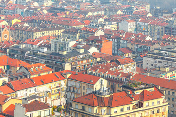 Fototapeta na wymiar Residential houses in Turin view from above . City tiled roofs aerial view