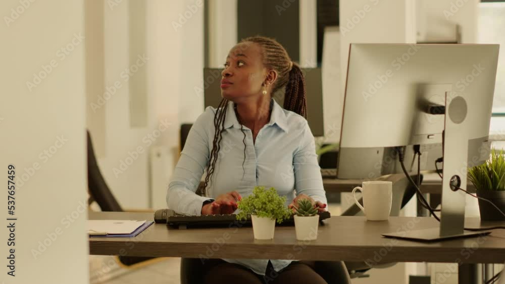 Poster startup employee using company network on computer to plan business report with research data inform