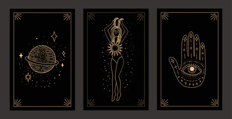 Collection of magical illustrations. Tarot cards. Set of linear vector illustrations. Hand drawn celestial illustrations depicting sun, moon, planet. design elements for decoration in a modern style.