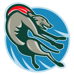 illustration of a Greyhound racing and jumping set inside circle.
