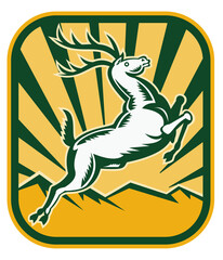 illustration of a Deer jumping with mountains and sunburst in background done in retro style.