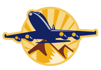 illustration of a propeller airplane flying with mountains