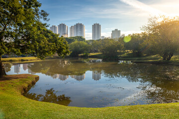 Park Barigui in Curitiba at sunrise with lake reflection, Parana State, Brazil