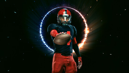 Fototapeta na wymiar American football player, athlete sportsman in red helmet on black background. Sport and motivation wallpaper.