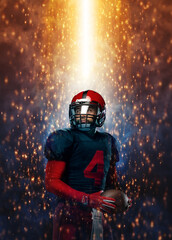 American football player, athlete sportsman in red helmet on stadium background. Sport and...