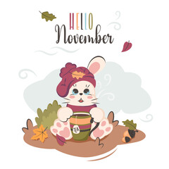 Fall card with cute pensive bunny dressed in winter warm hat and scarf. Little rabbit sitting on grass, holding cup of hot herbal tea and looks at falling autumn leaves. Vector cartoon illustration