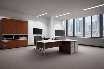 Executive desk near window, brown cupboard. Office furniture in the middle of the room 3d illustration