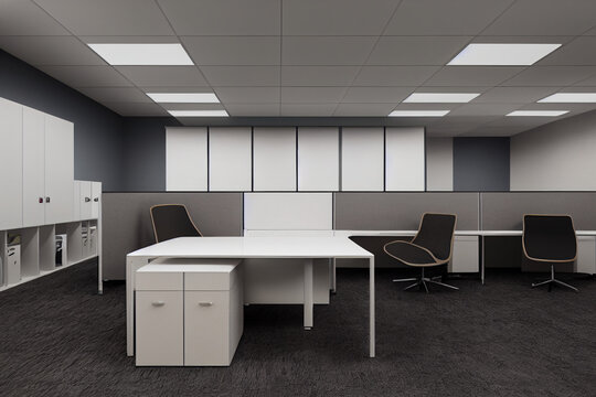Office office with tables and chairs, office partition. Office interior layout with walls and cabinets 3d illustration