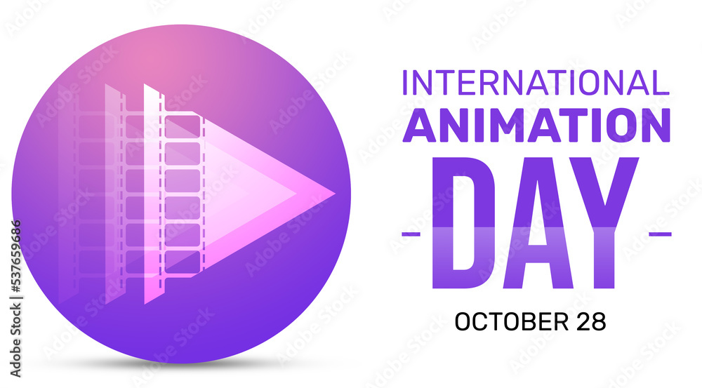 Poster international animation day background with colorful symbols and typography. celebrating world anima