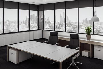 Manager's desk indoors. Light desk and chairs for director in office room, windows, no people 3d illustration
