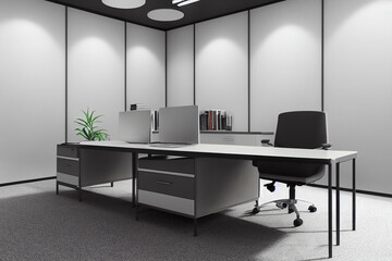 Desk in the middle of the room, white desk and chair for the director. Layout of office space for employees 3d illustration
