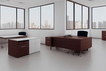 Office interior office layout for staff, mid room furniture, tables and chairs, large windows 3d illustration
