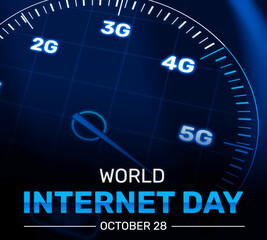 World Internet Day with speedometer and 5G technology concept background. Internet day backdrop